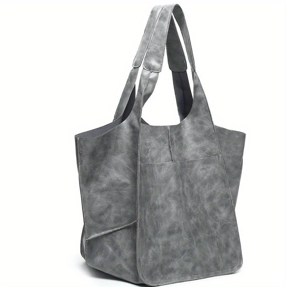 Large Capacity Tote Bag Retro Style Faux Leather Handbag