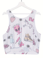 Cartoon Print Tank Top Crew Neck Sleeveless Top Women's Clothing