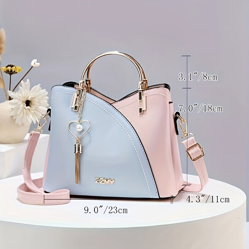 Tassel Accented Colorblock Handbag for Women Crossbody Bag with Zip Closure