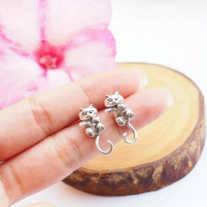 Retro Silvery Men's Earrings Kitten Earrings Animal Jewelry