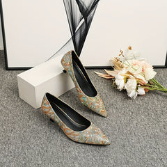Women's Paisley Print Kitten Heels Slip On Low Heels Dressy Shoes