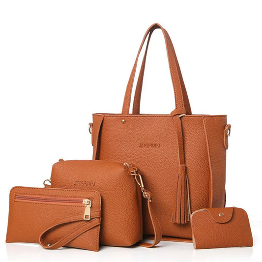 4PC Women Bag Set Top-Handle Tassel Handbag Shoulder Bag