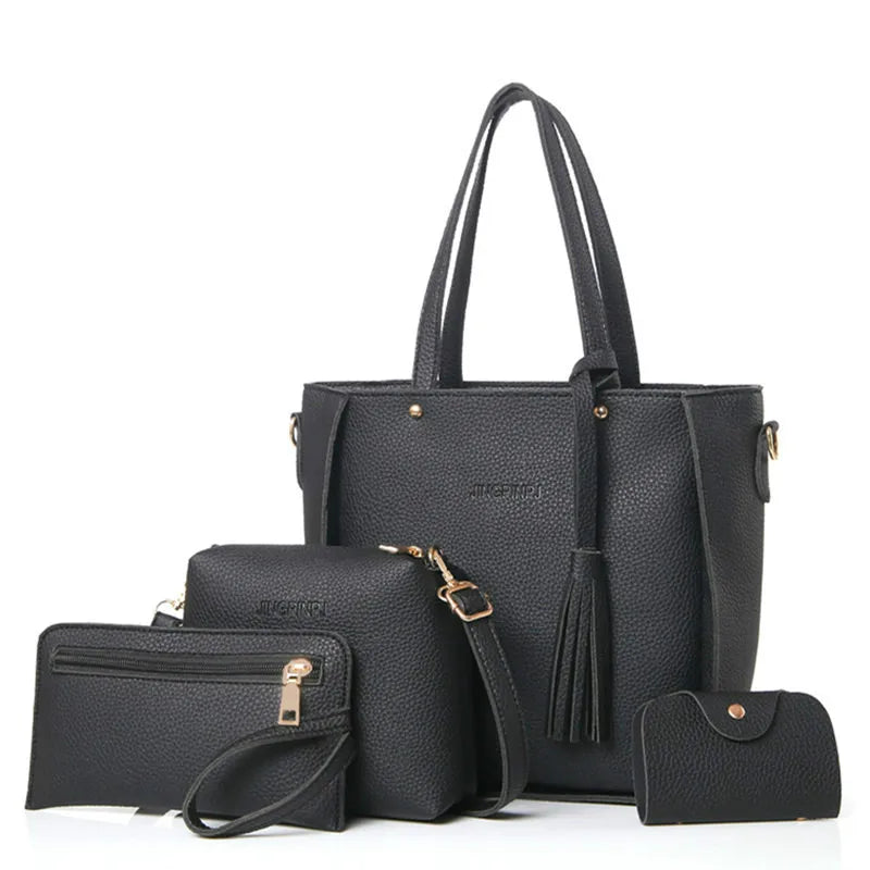 4PC Women Bag Set Top-Handle Tassel Handbag Shoulder Bag