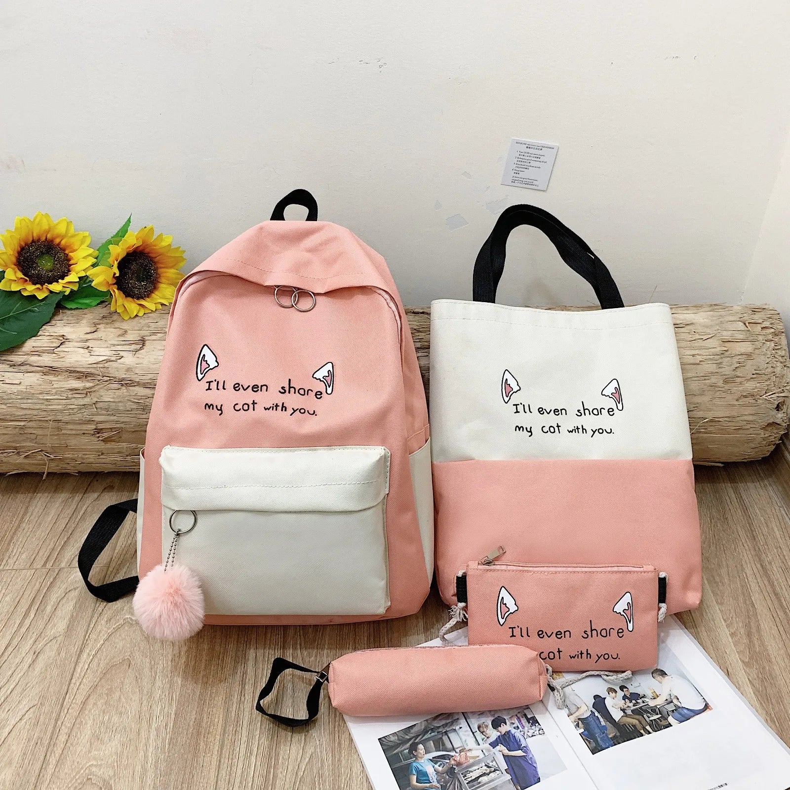 4PCS Women Backpack Student School Bag Large Capacity School Bags For Girls