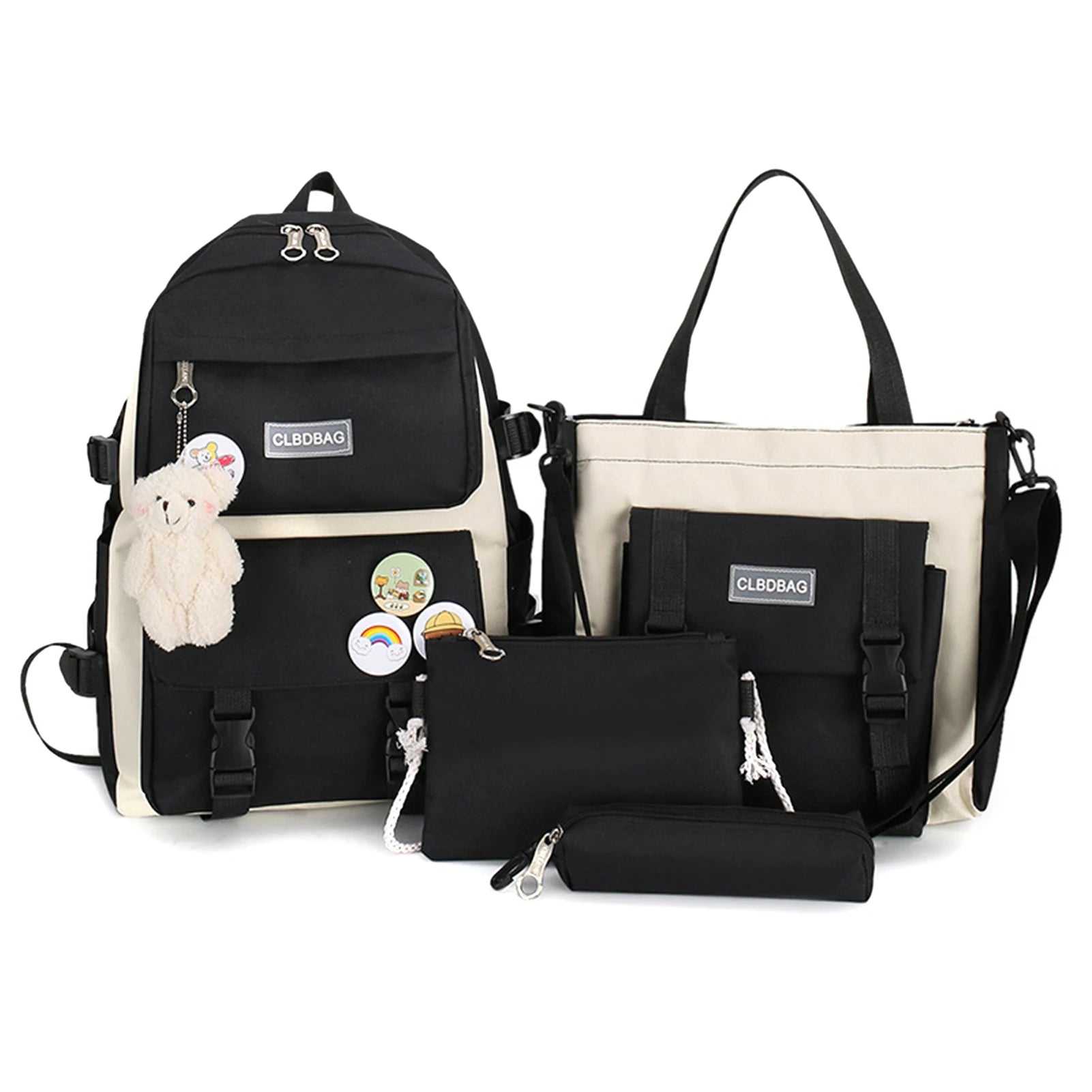 4PCS Nylon Printing Backpack Kindergarten Student Girls Schoolbag Lightweight