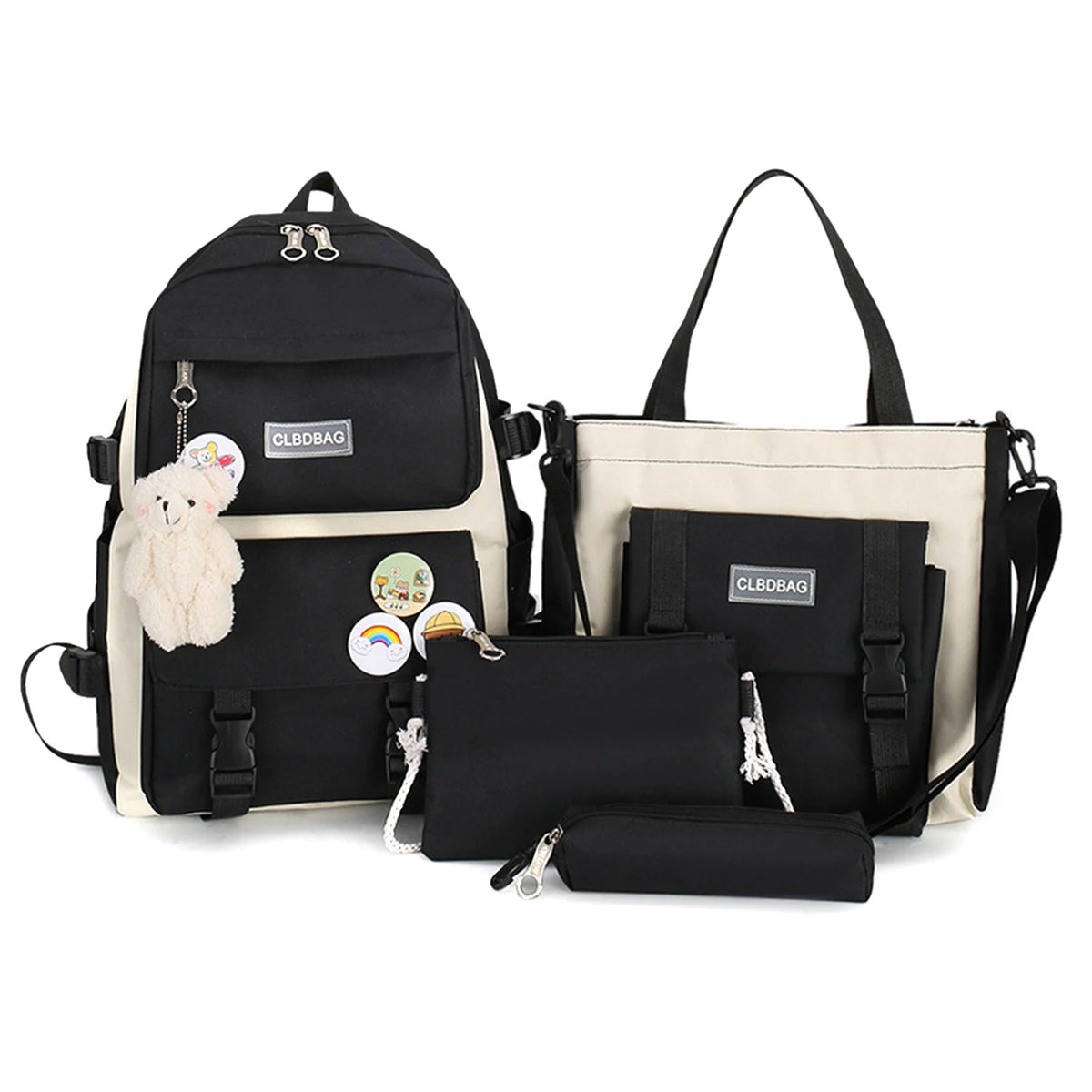4PCS Nylon Printing Backpack Kindergarten Student Girls Schoolbag Lightweight