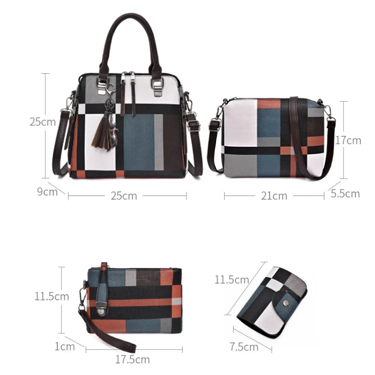 4PCS Women's Bag Set PU Leather Grid Print Handbag Shoulder Wal