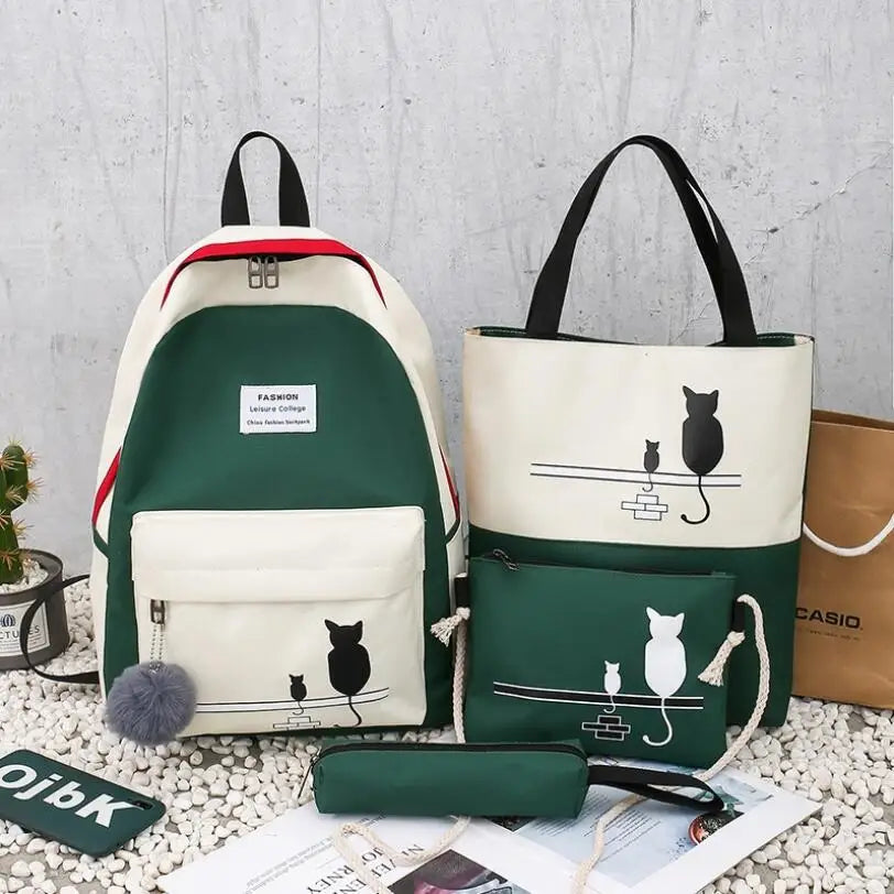 Canvas Cat Pattern School Bag for Girl Panelled Backpack Female Shoulder Bag