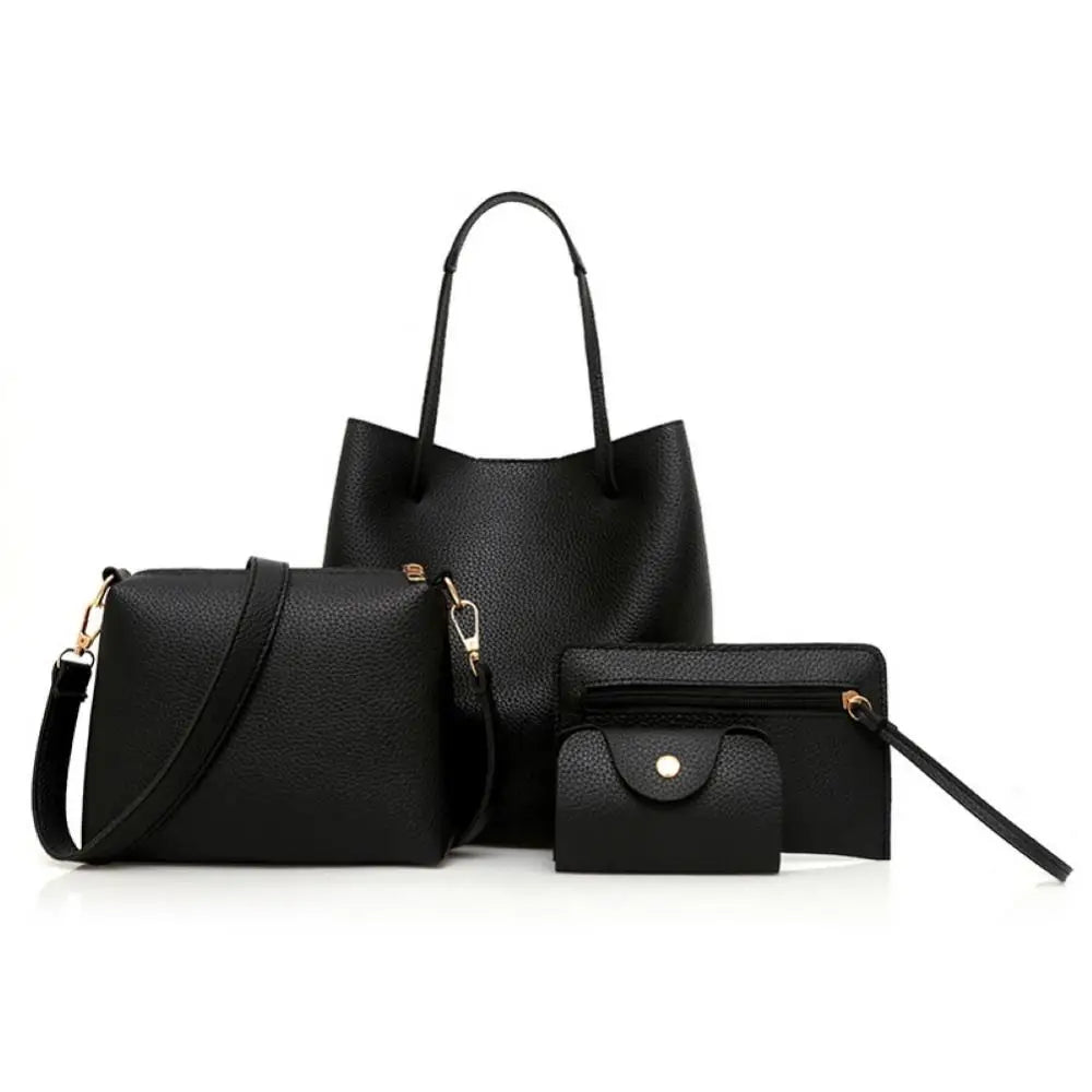 4Pcs Women Solid Faux Leather Shoulder Bag Handbag Purse Set