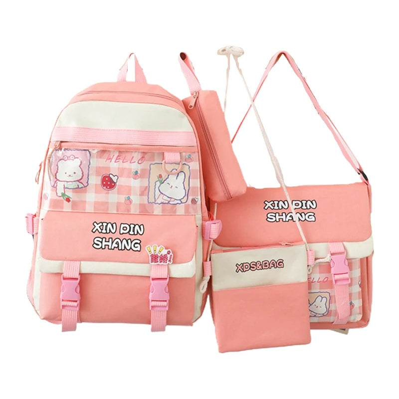 4Pcs Waterproof Nylon Backpack Girl School Bag Lovely Pendant Pin Mini Backpack