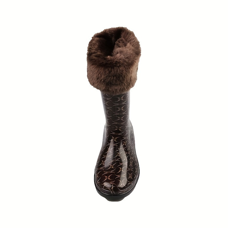 Women's Plush Lined Mid Calf Boots Waterproof Thermal Fluffy Fur Slip On Shoes