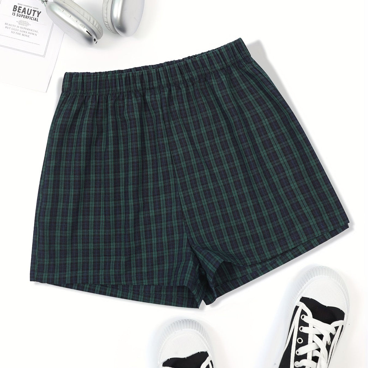 Plaid Pattern Elastic Waist Shorts for Women