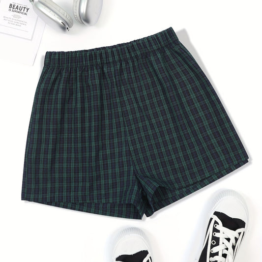Plaid Pattern Elastic Waist Shorts for Women