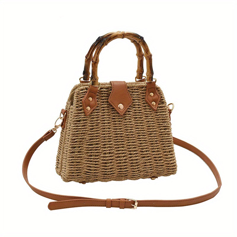 Straw Woven Crossbody Bag Bamboo Handle Satchel Purse