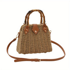 Straw Woven Crossbody Bag Bamboo Handle Satchel Purse