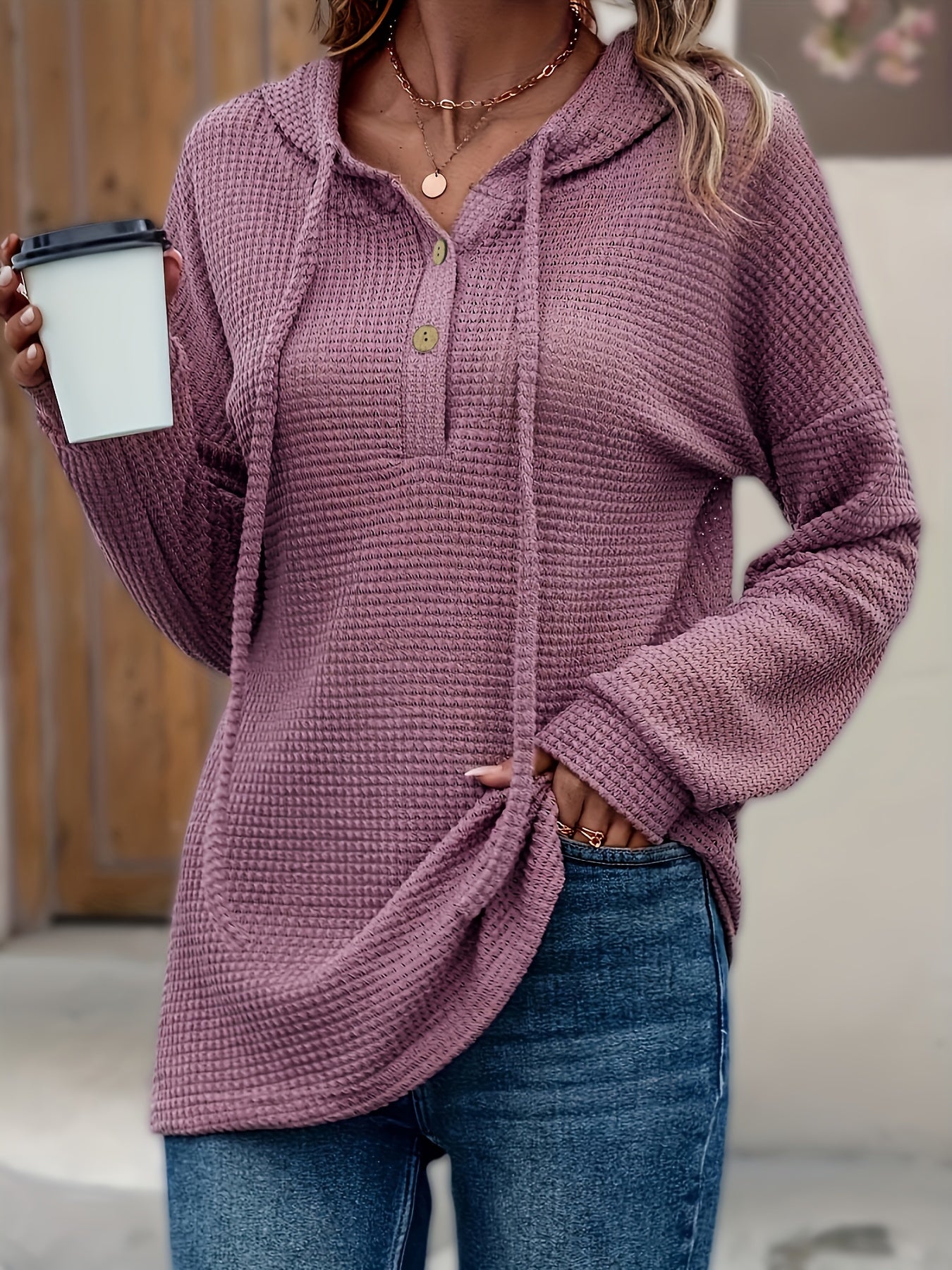 Drawstring Hooded Button Sweater Casual Solid Color