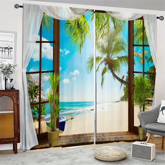 2pcs 3D Beach Landscape Window Curtains Rod Pocket Style Home Decor