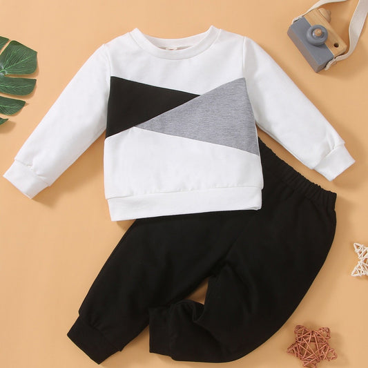 Baby Boy Long Sleeve Round Neck Grey Patchwork Pants Set