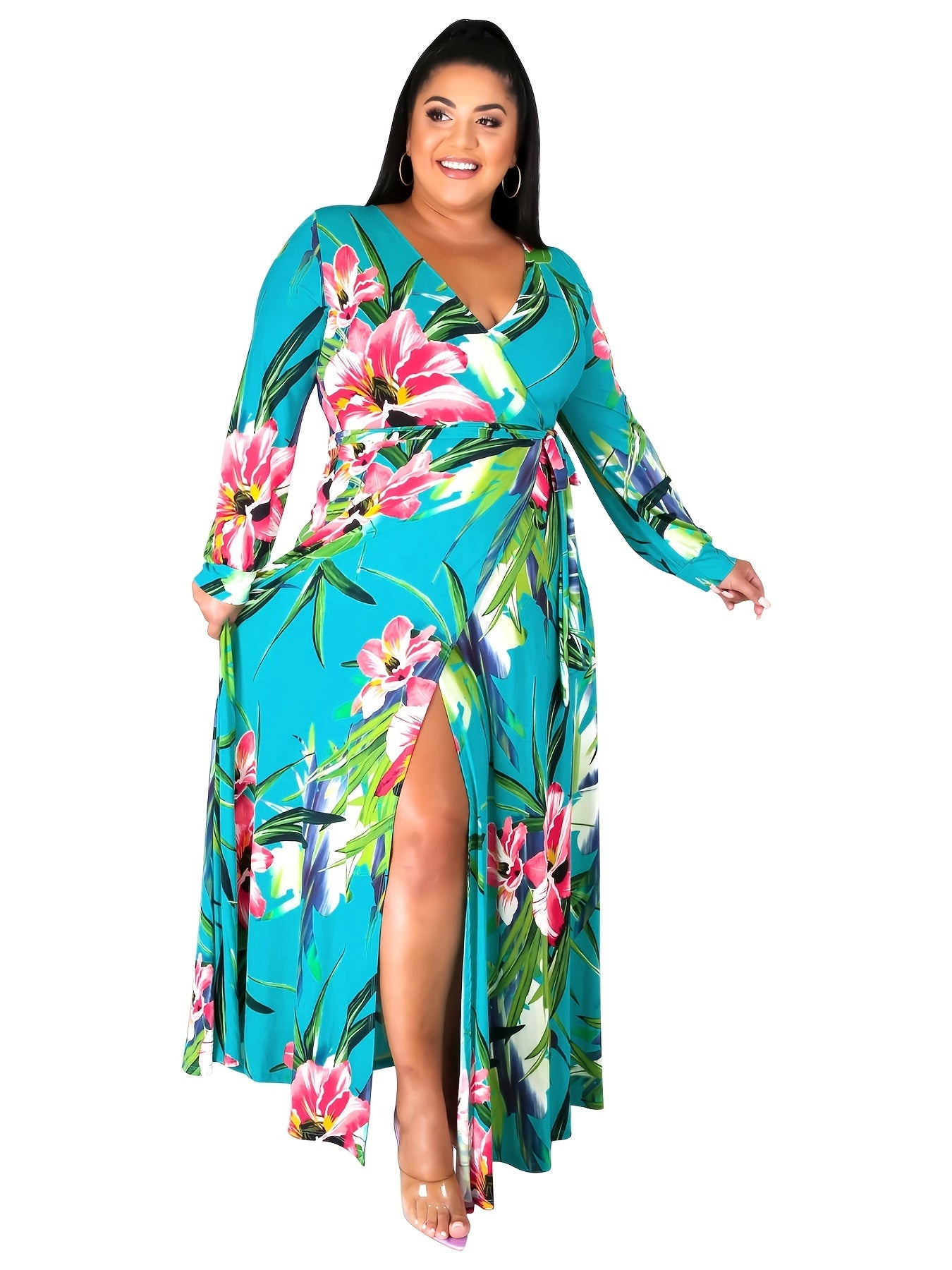  Floral Print V Neck Maxi Dress