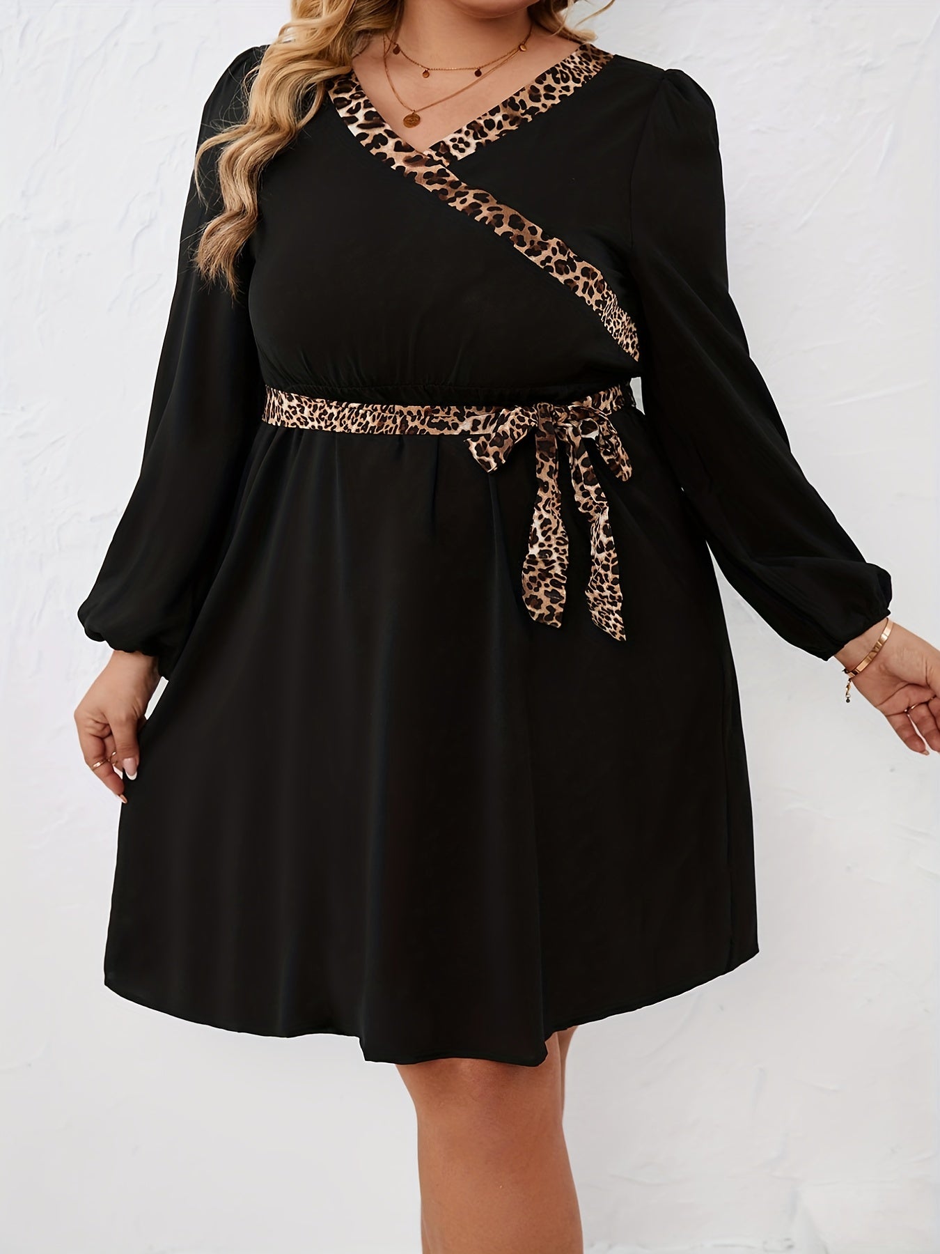 Colorblock Leopard Print Long Sleeve Belted Dress Women's Plus Medium Stretch