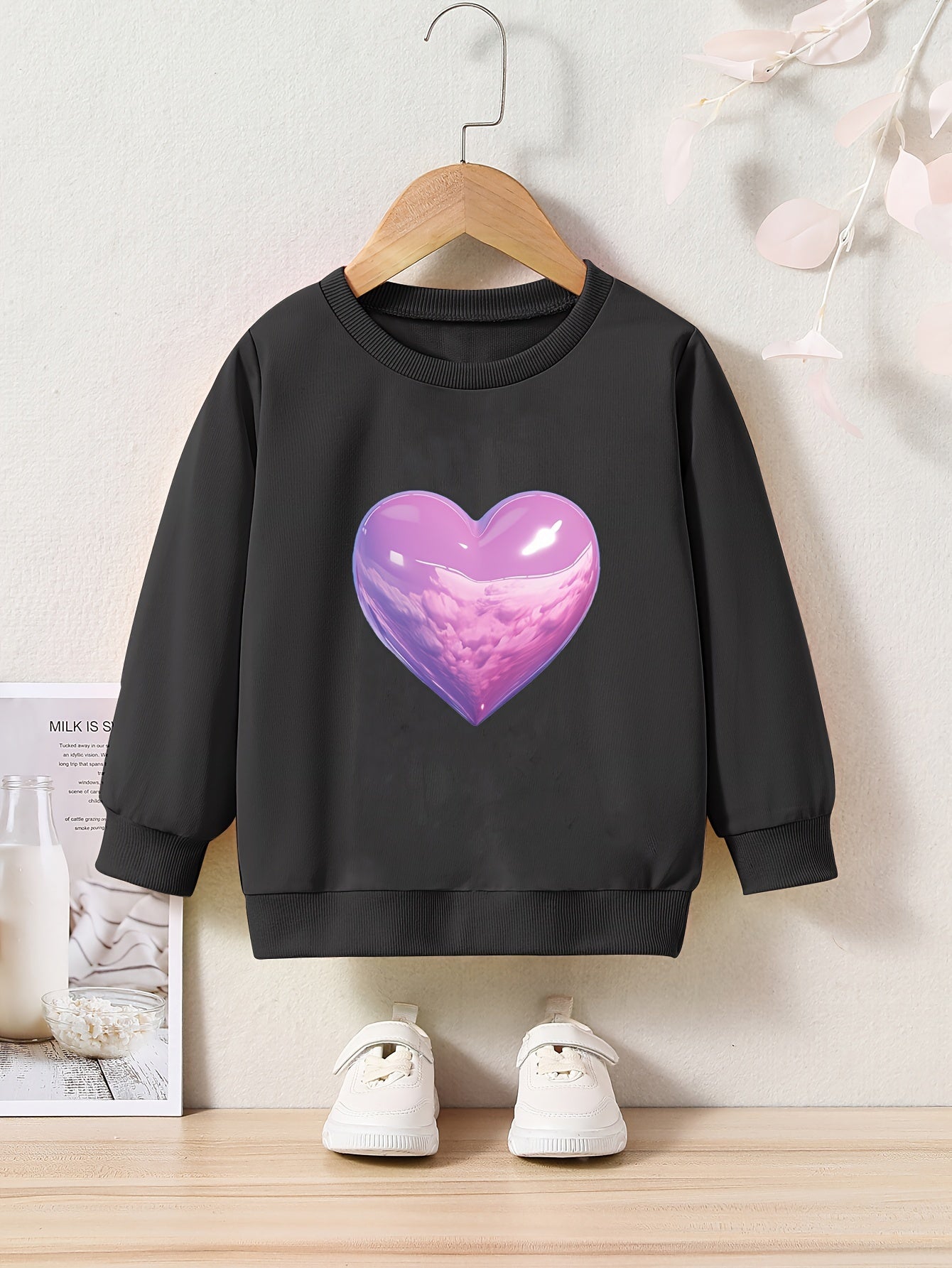 Cartoon Cloud Heart Print Girls Sweatshirt Crew Neck Tops