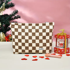 Corduroy Checkered Makeup Bag Zipper Pouch Large Capacity Cosmetic Organizer