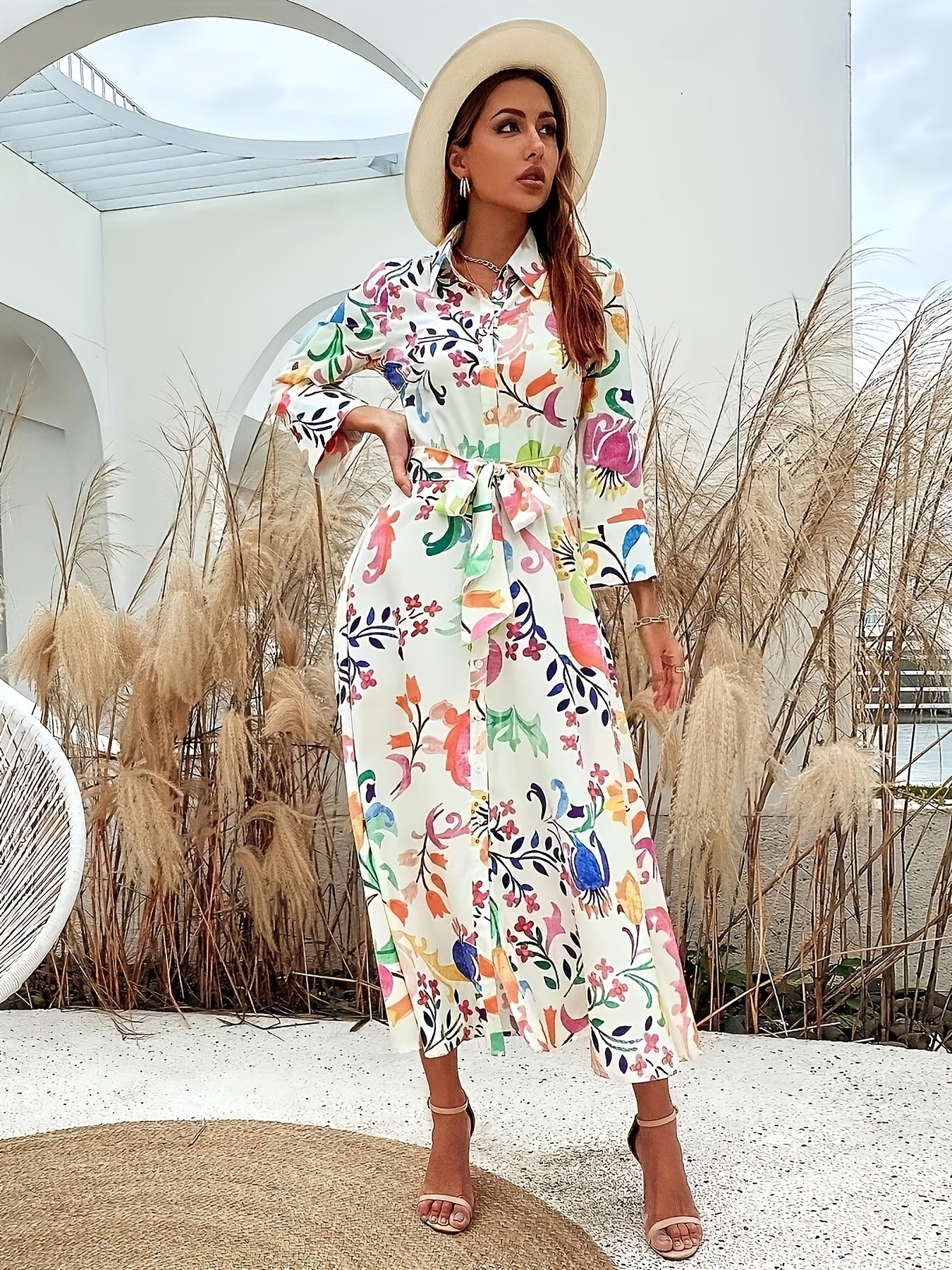  Floral Print Long Sleeve Shirt Dress With Belt