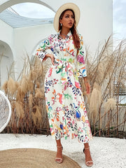  Floral Print Long Sleeve Shirt Dress With Belt