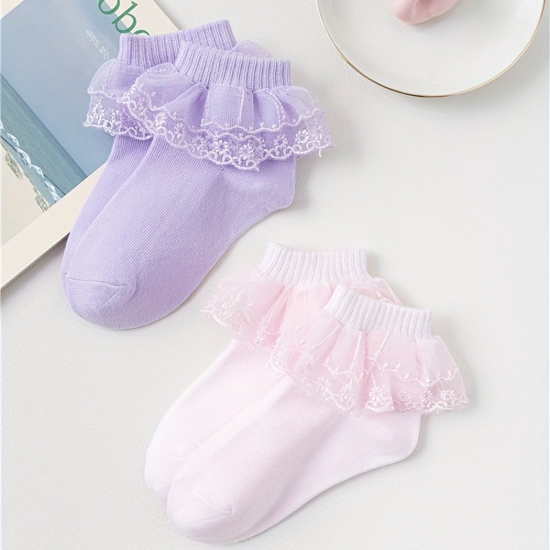 Girls Ruffle Lace Trim Ankle Cotton Socks, 4 Pairs