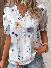  Floral Print Lace Panel Puff Sleeve V Neck Top
