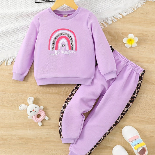 Girl's 2pcs Sweatshirt & Sweatpants Set BE KIND Rainbow Print Leopard Pattern