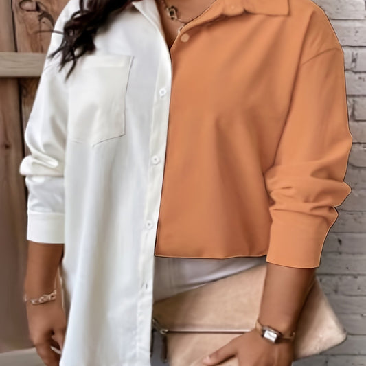  Colorblock Long Sleeve Button Up Blouse