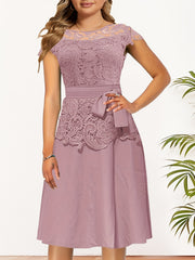 Lace Contrast Cap Sleeve A Line Dress With Belted