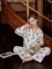 Panda Print Pajama Set Long Sleeve Top & Pants Women's Sleepwear