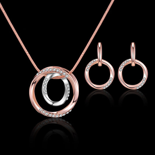 Circle Jewelry Set Inlaid Rhinestones Pendant Necklace & Dangle Earrings