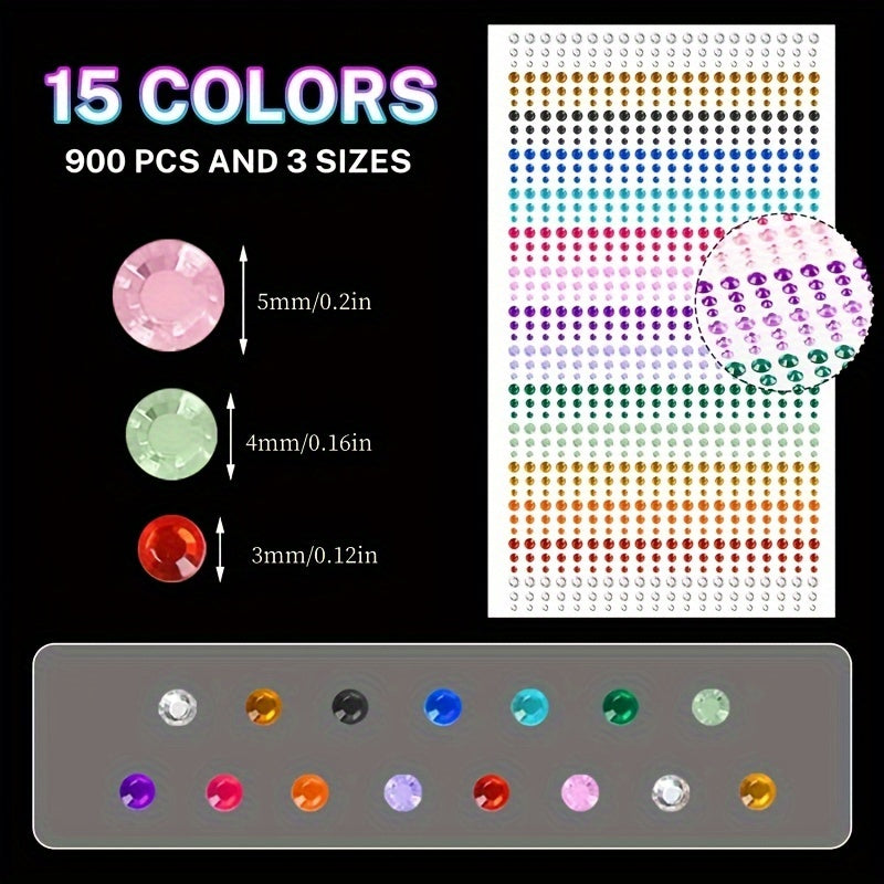 900pcs Self Adhesive Rhinestone Stickers 15 Colors 3 Sizes DIY Face Stickers