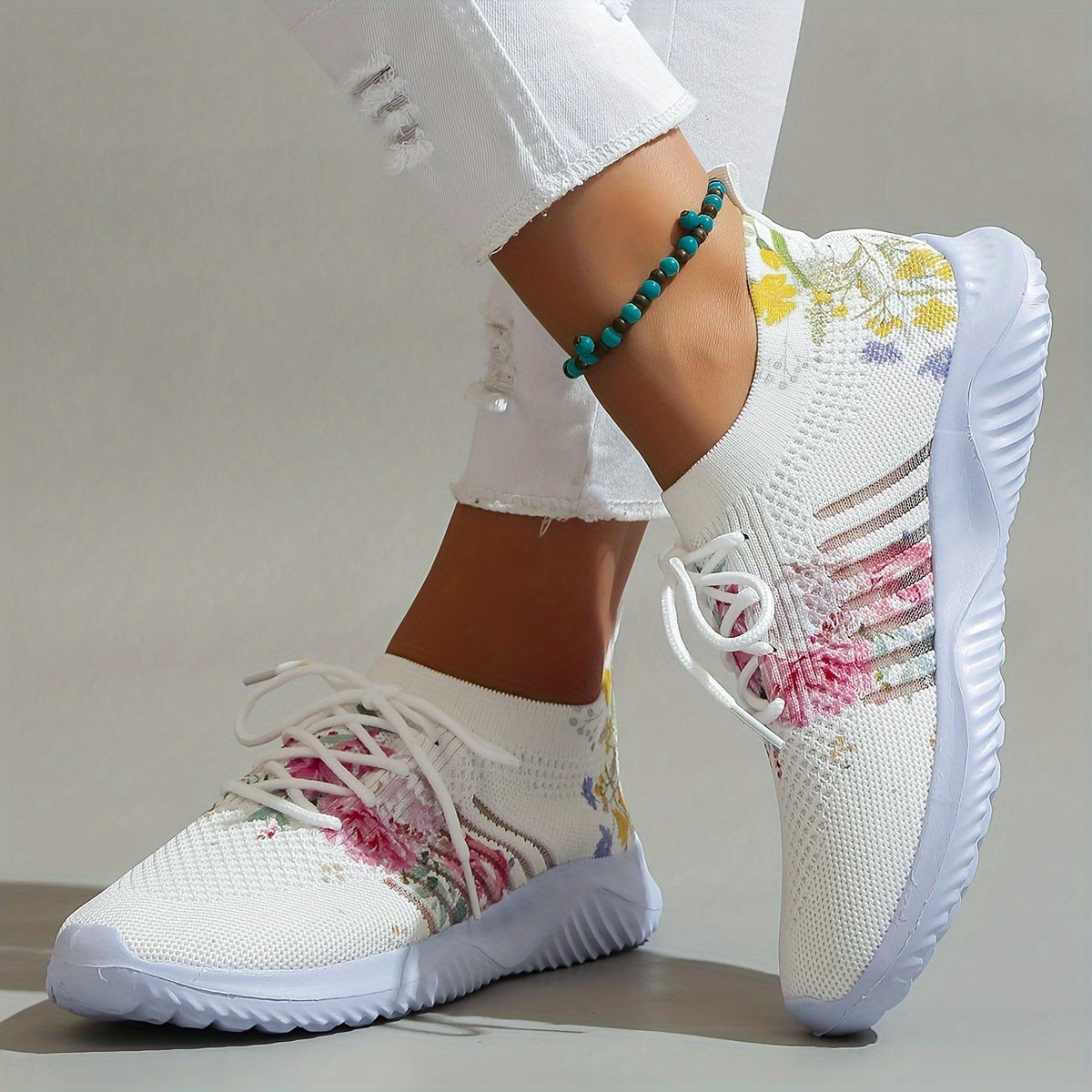 Floral Print Woven Running Shoes Soft Sole Sneakers Women