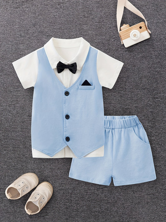 Baby Gentleman Style Cotton Suit Set Bow Tie Shirt & Shorts