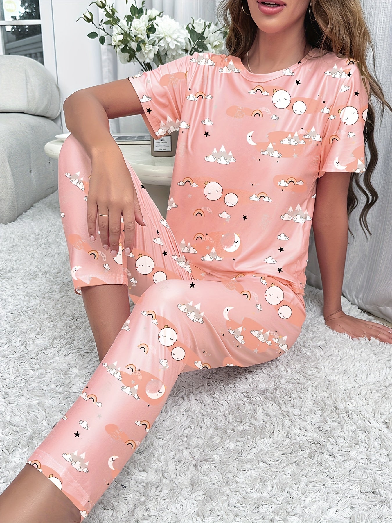 Rainbow Print Pajama Set Short Sleeve Top & Lounge Pants