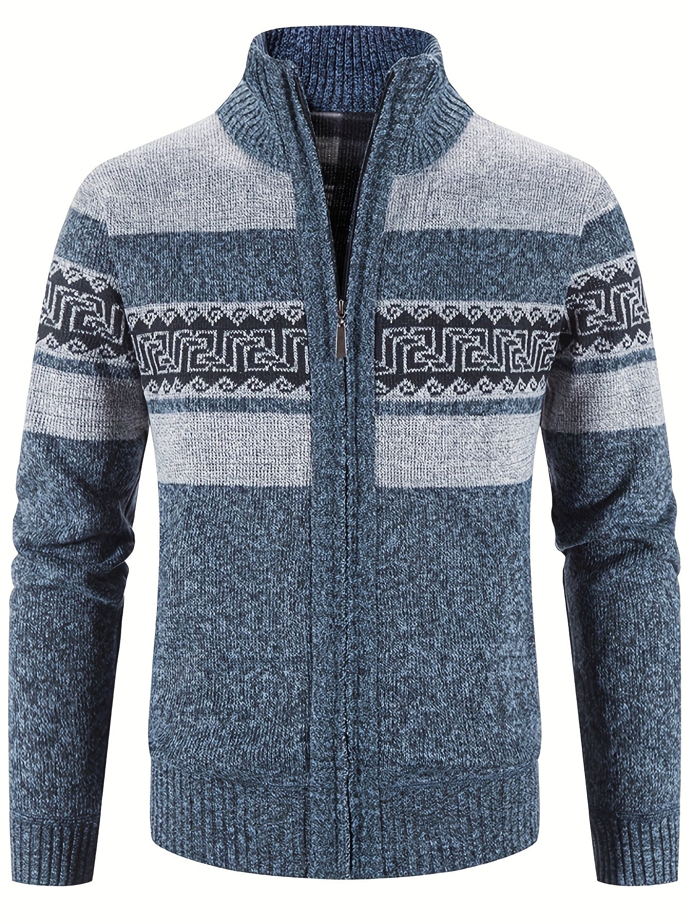 Geometric Pattern Stand Collar Cardigan Men's Zip Up Jacket
