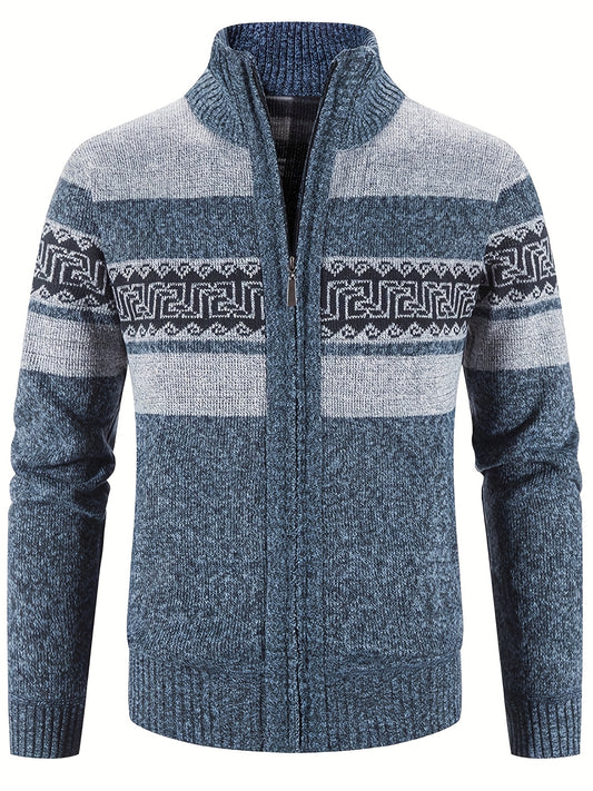 Geometric Pattern Stand Collar Cardigan Men's Zip Up Jacket