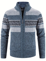 Geometric Pattern Stand Collar Cardigan Men's Zip Up Jacket