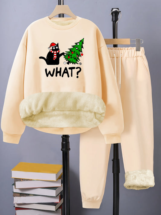 Women's Plus Size Xmas Letter Cat Tree Print Fleece Liner Top & Pants Set