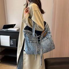 Denim Tote Bag Large Capacity Handbag Double Handle Shopping Shoulder Bag