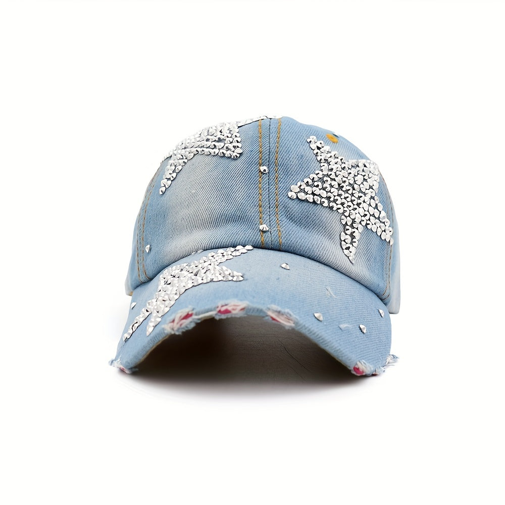 Rhinestone Star Ripped Baseball Cap Denim Washed Distressed Dad Hats Y2K