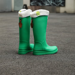 Green Fleece Liner Rain Boots Waterproof Slip On Anti Slip High Boots