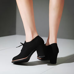 Women's Platform Chunky High Heels Micro Suede Lace Up Short Boots