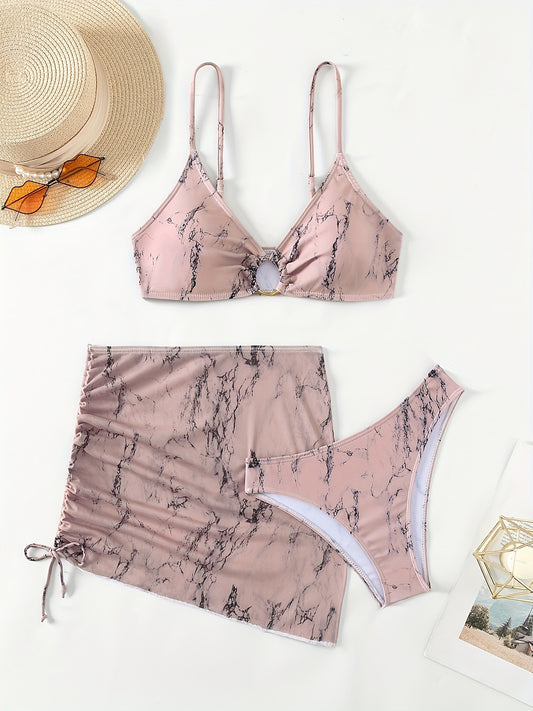 Rock Marks Print Ring Centre Core Bikini Set With Sheer Cover Up