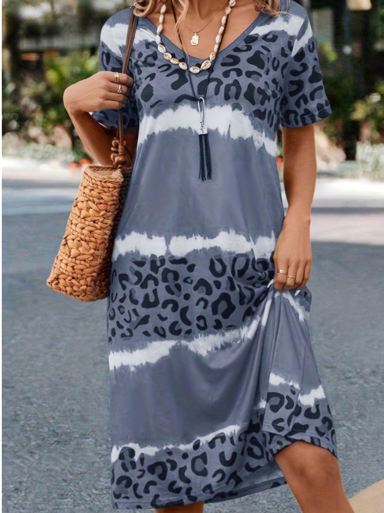  Tie Dye Leopard Print Short Sleeve V Neck Dress
