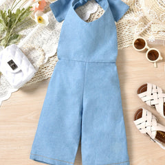 Girl's Denim Overall Jumpsuit with Backless Strap